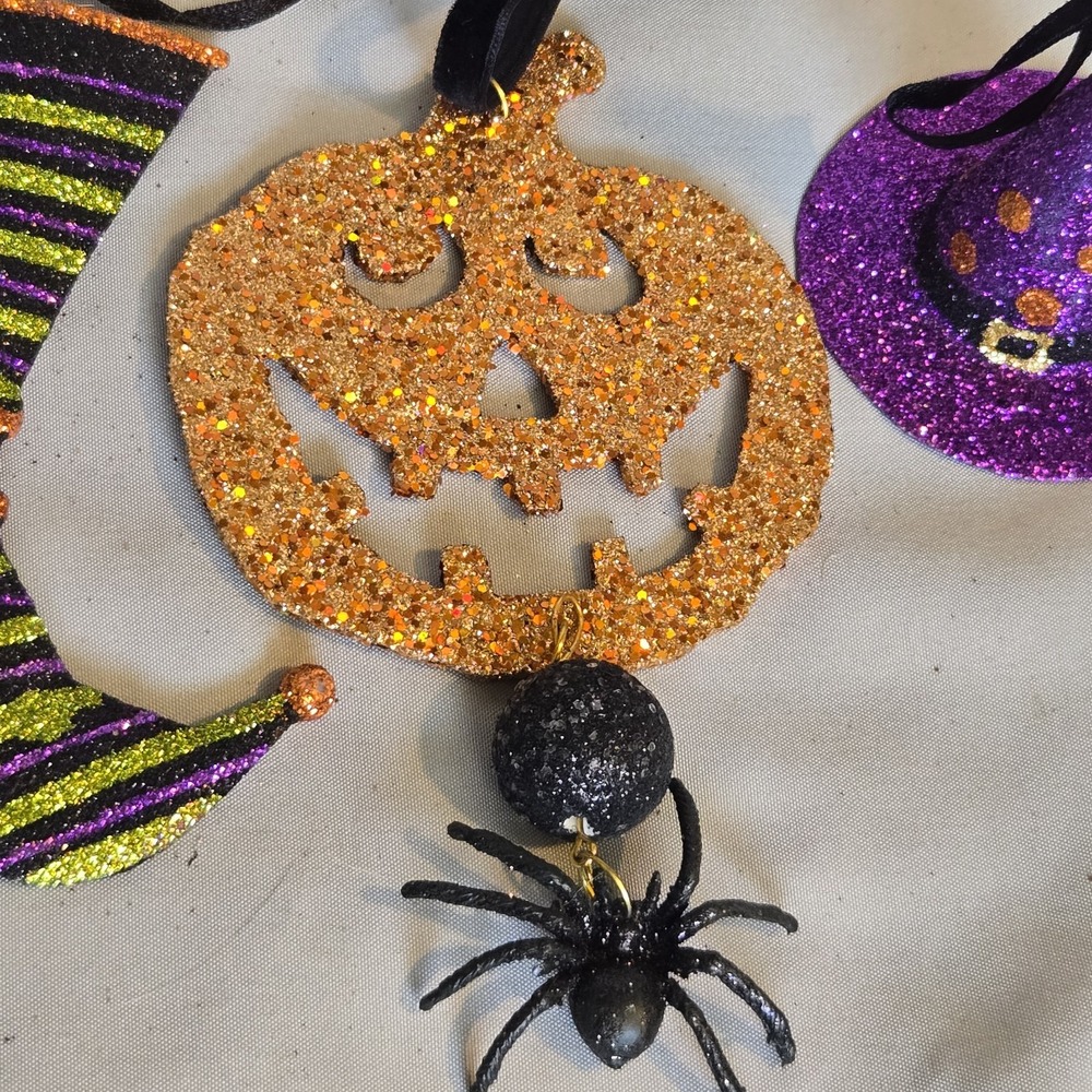 Halloween Glitter Ornament Lot Witch Boot Hat Jack O Lantern Spider Set of 3 - Picture 7 of 8